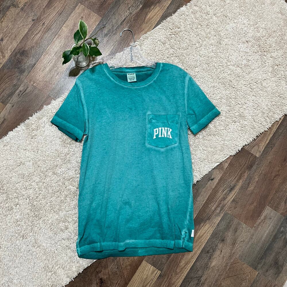 Victoria's Secret PINK Size XS Ovesized Distressed Teal Stonewash Crewneck Tee
